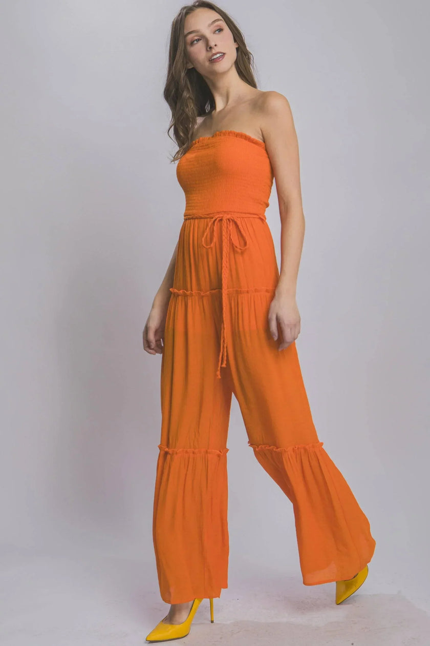Radiant Allure: Strapless Chic Comfort Tube Tiered Jumpsuit