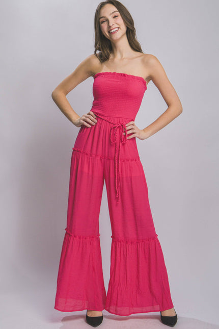 Radiant Allure: Strapless Chic Comfort Tube Tiered Jumpsuit