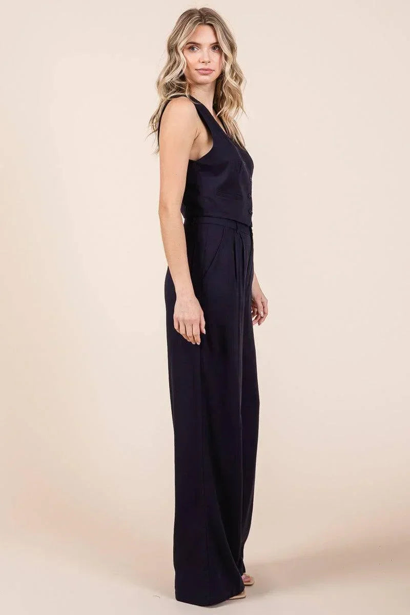 Chic Linen Navy Blue Tailored Vest & Wide Leg Pant Set