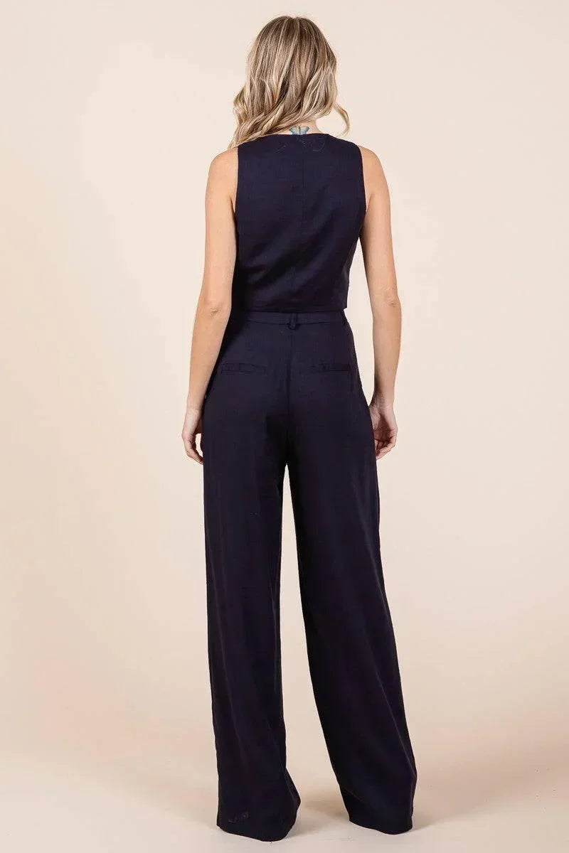 Chic Linen Navy Blue Tailored Vest & Wide Leg Pant Set