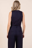 Chic Linen Navy Blue Tailored Vest & Wide Leg Pant Set