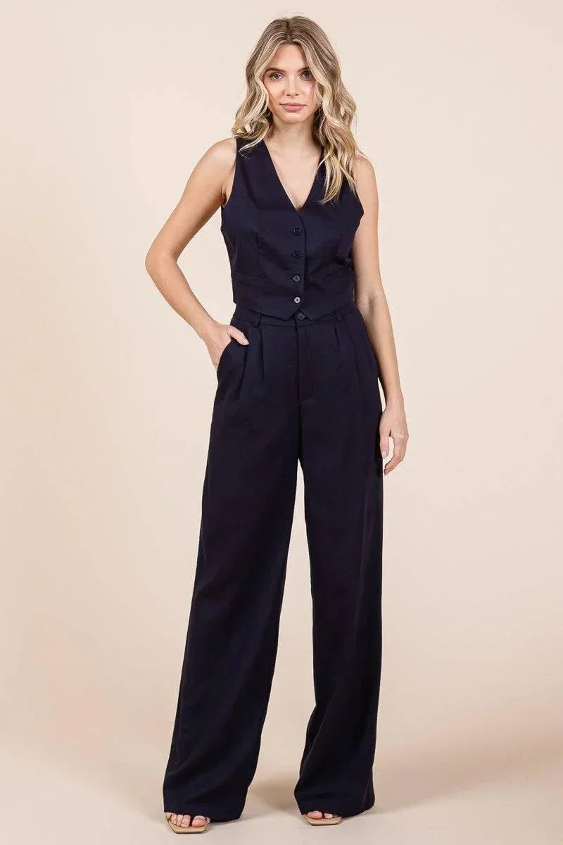 Chic Linen Navy Blue Tailored Vest & Wide Leg Pant Set