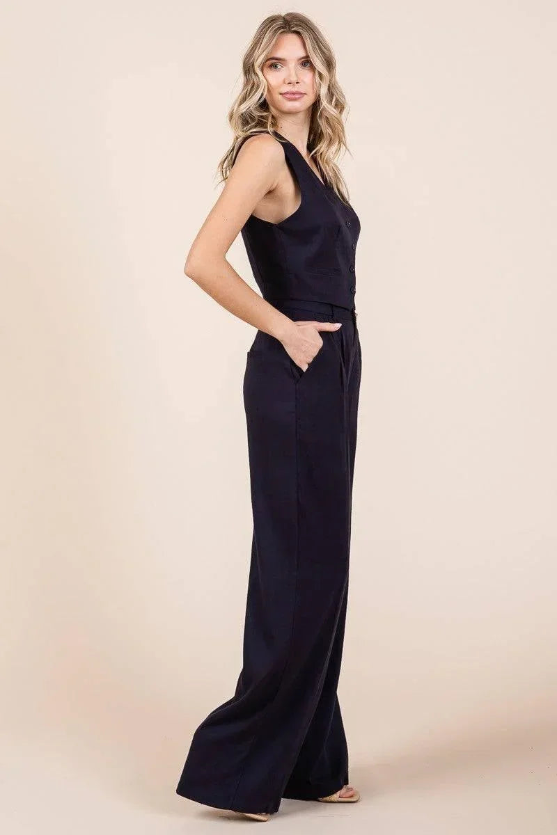 Chic Linen Navy Blue Tailored Vest & Wide Leg Pant Set
