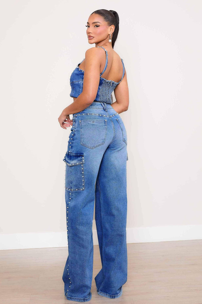 Pearl Perfection: CHEZ Josephine High-Rise Wide Leg Cargo Jeans