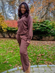 woman in a two  piece brown cargo lounge set 