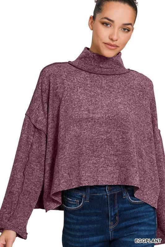 Brushed Melange Hacci Side Slit Mock Neck Sweater