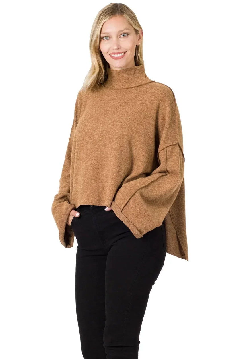 Brushed Melange Hacci Side Slit Mock Neck Sweater