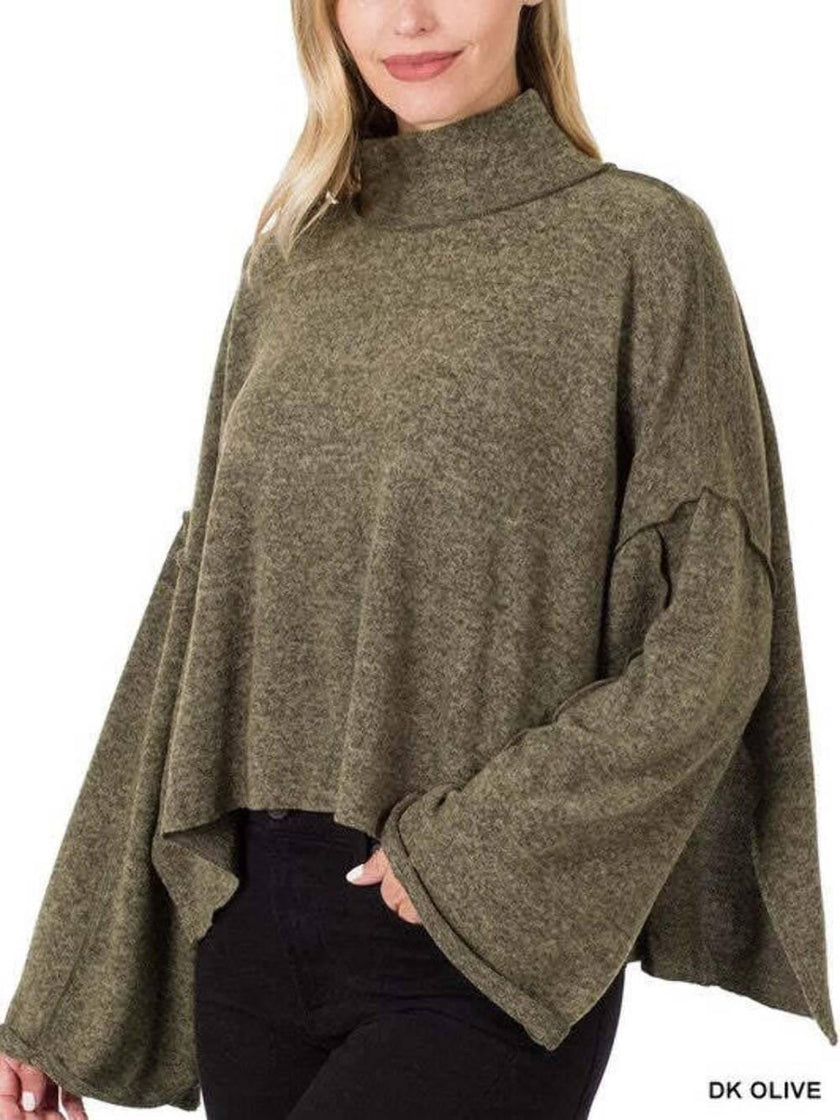Brushed Melange Hacci Side Slit Mock Neck Sweater