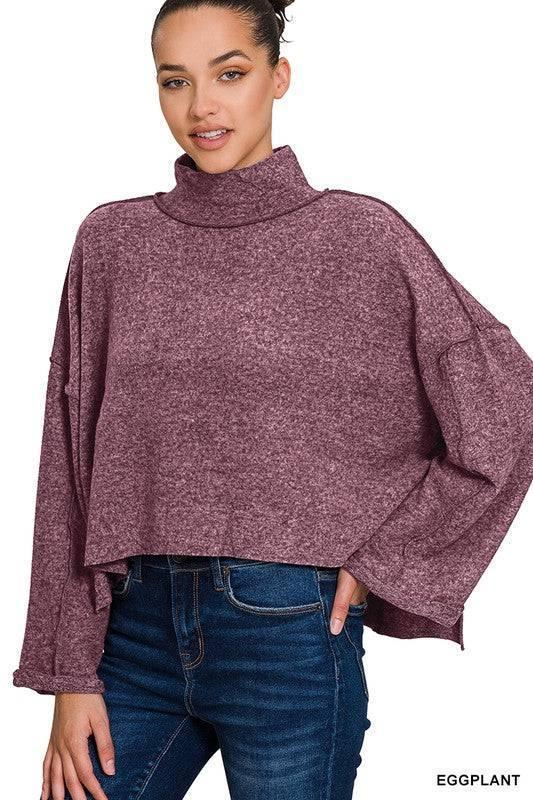 Brushed Melange Hacci Side Slit Mock Neck Sweater