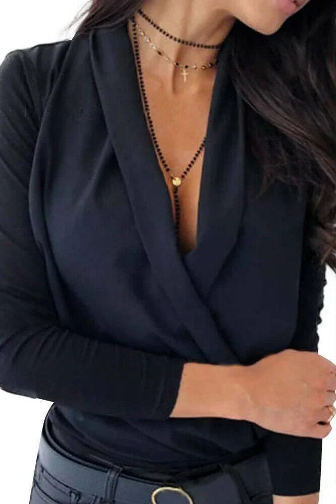 Women's V neck Seasonless Faux Wrap Top blouse