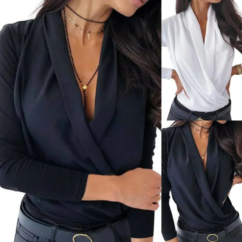 Women's V neck Seasonless Faux Wrap Top blouse