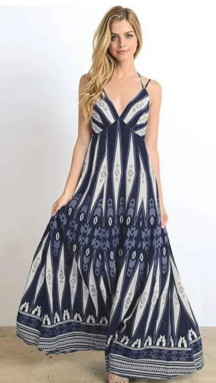 Women's Printed Aztec Halter Boho Luxe Maxi Dress