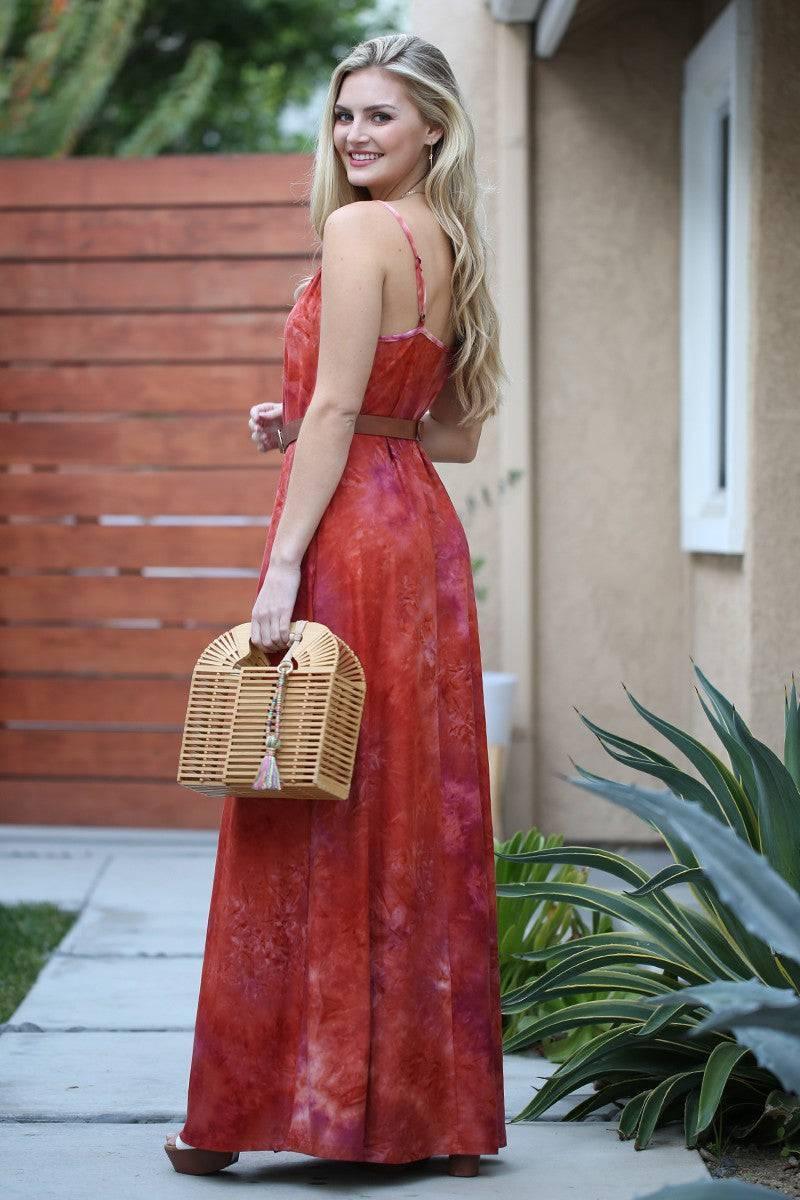 Boho Rust Tie -Dye Maxi Dress With Pockets S-3X