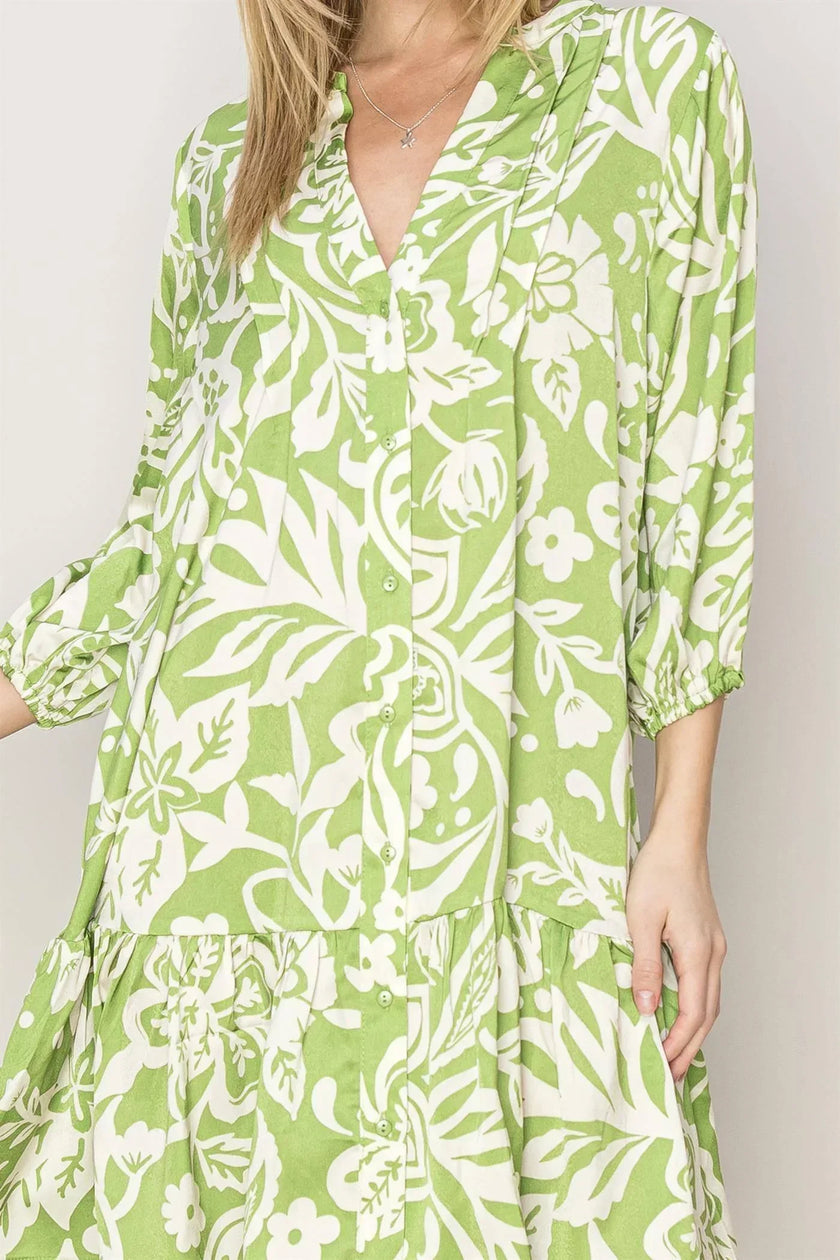 Green With Envy Paisley and Floral Print Button-Front Mini Dress