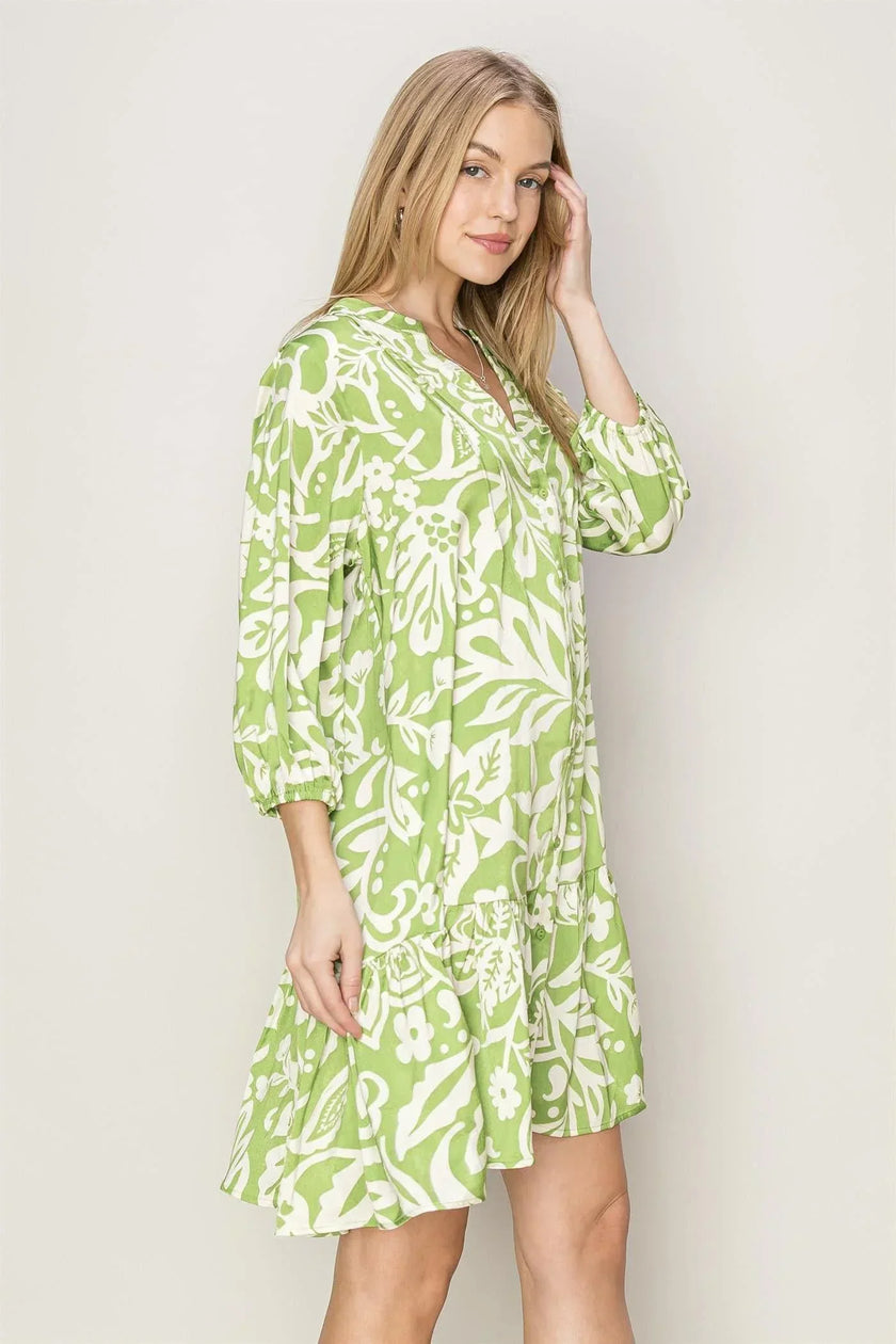 Green With Envy Paisley and Floral Print Button-Front Mini Dress
