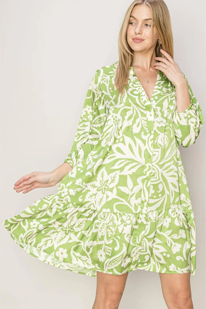 Green With Envy Paisley and Floral Print Button-Front Mini Dress