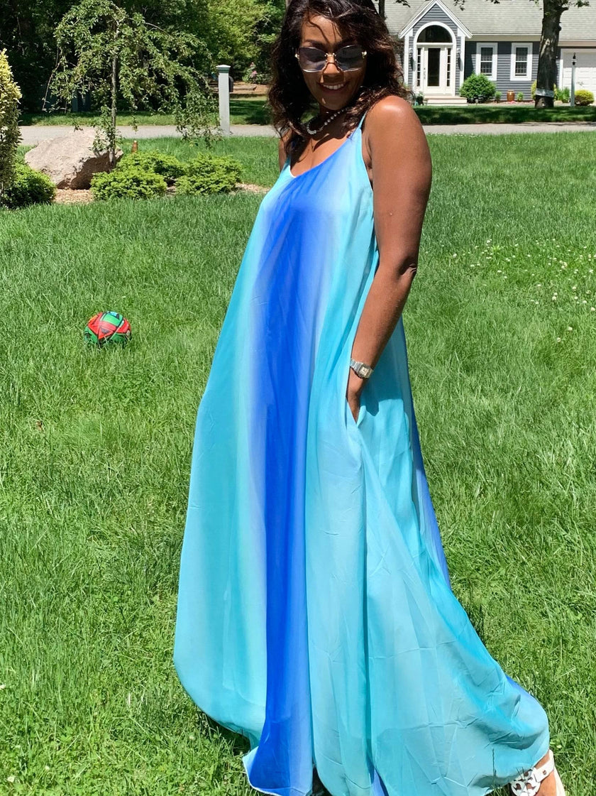 Women's Gradient Chiffon Spaghetti Strap Maxi Dress with pockets large Women's Gradient Chiffon Spaghetti Strap Maxi Dress with pockets large