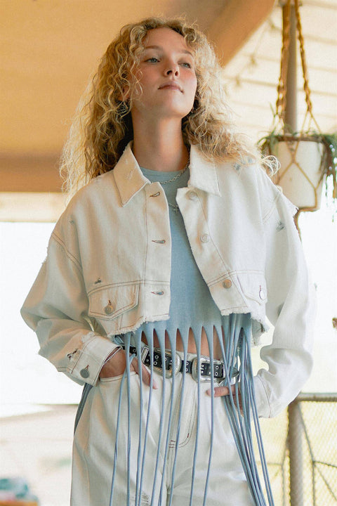Asymmetrical Distressed White Denim Jacket - Cape Cod Fashionista
