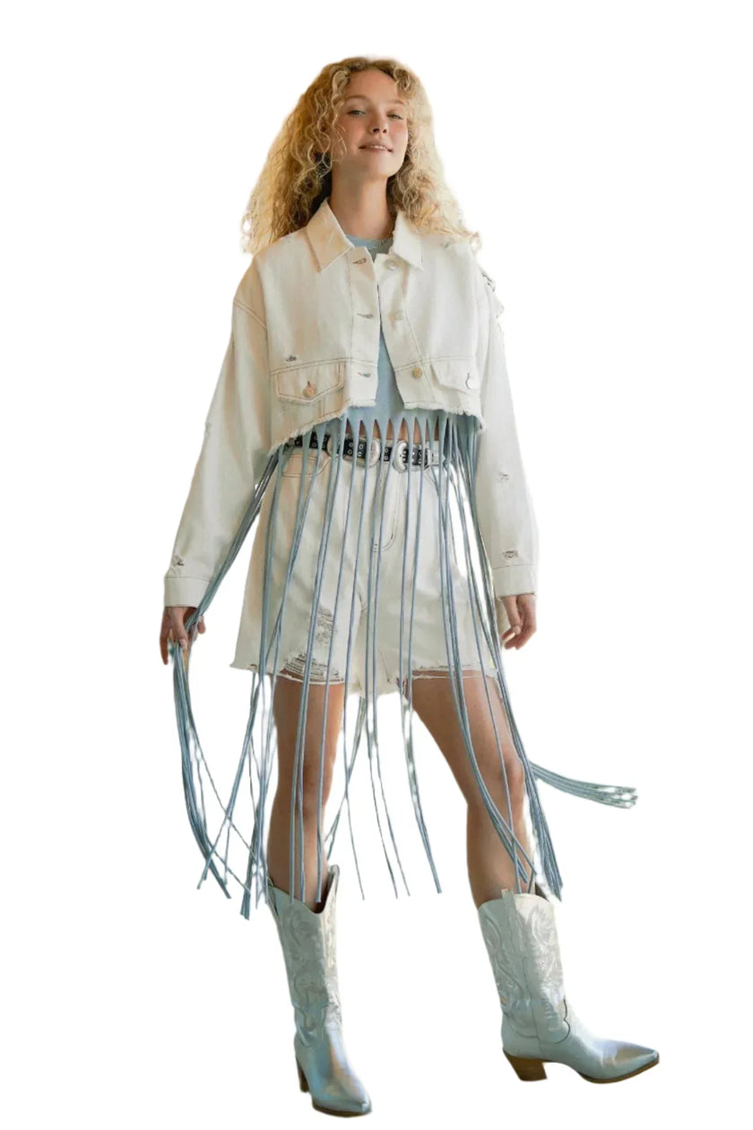 Dreamy White Asymmetrical Distressed White Denim Jacket