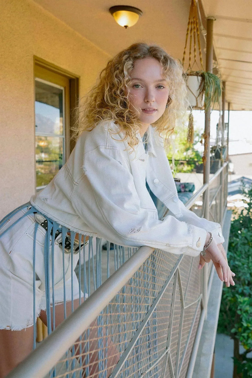Dreamy White Asymmetrical Distressed White Denim Jacket