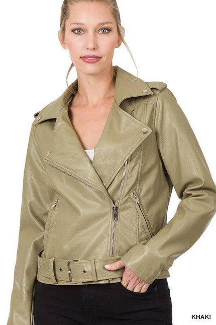 VEGAN LEATHER MOTO JACKET WITH BELT