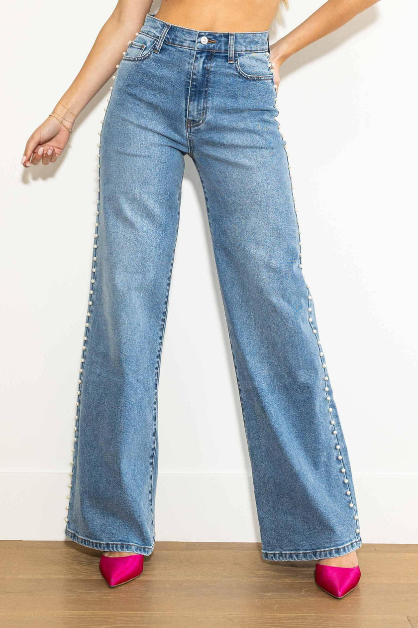 Chez Josephine Pearl Stud High Rise Wide leg Medium Wash Jeans