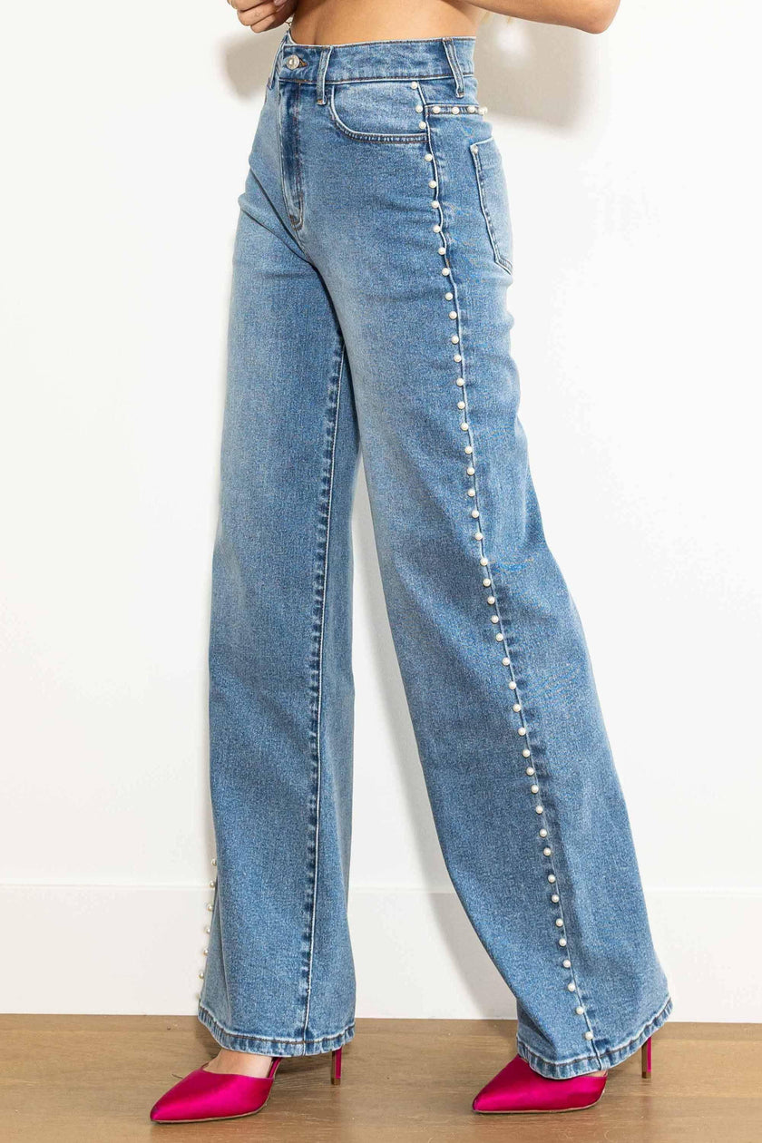 Chez Josephine Pearl Stud High Rise Wide leg Medium Wash Jeans