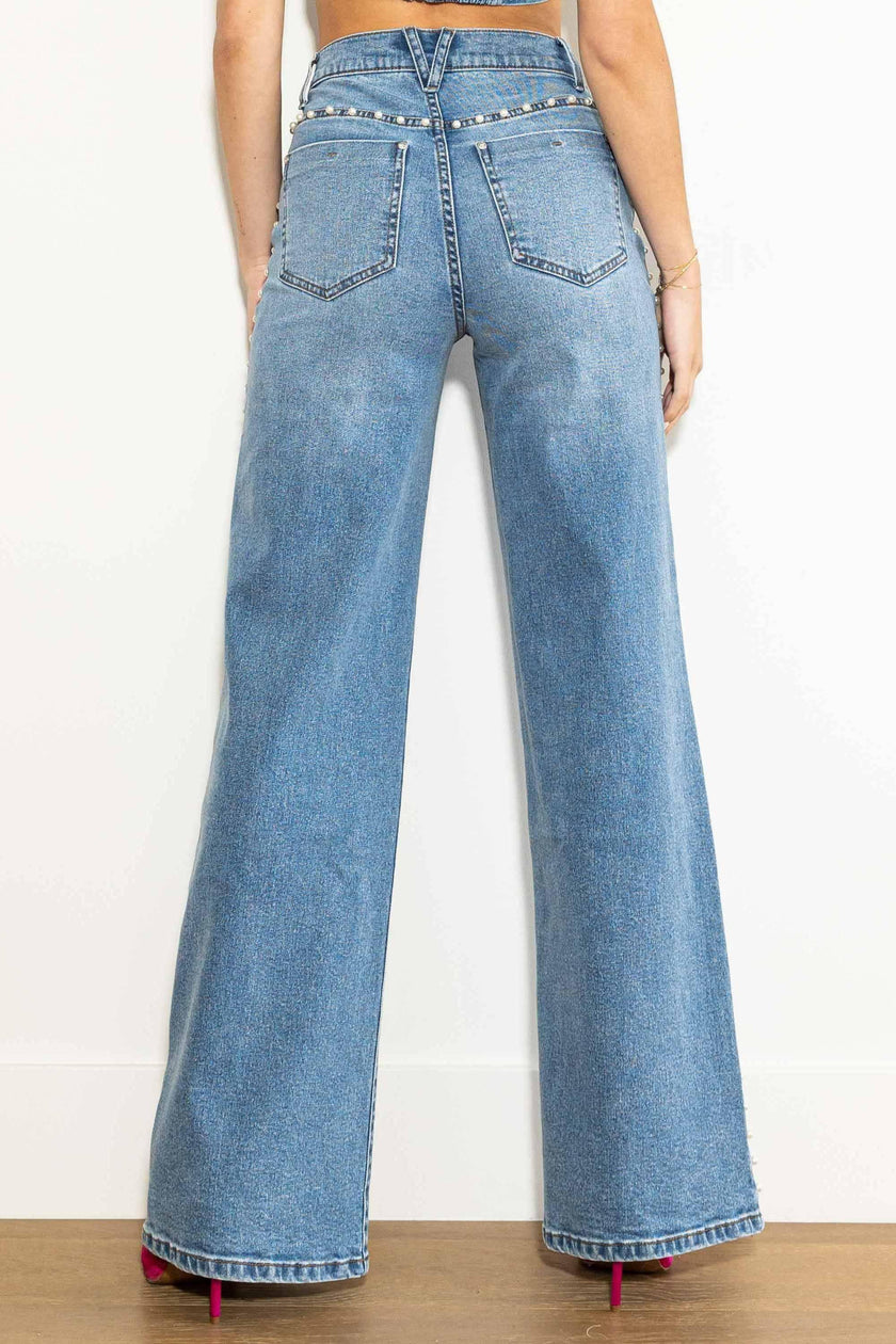 Chez Josephine Pearl Stud High Rise Wide leg Medium Wash Jeans