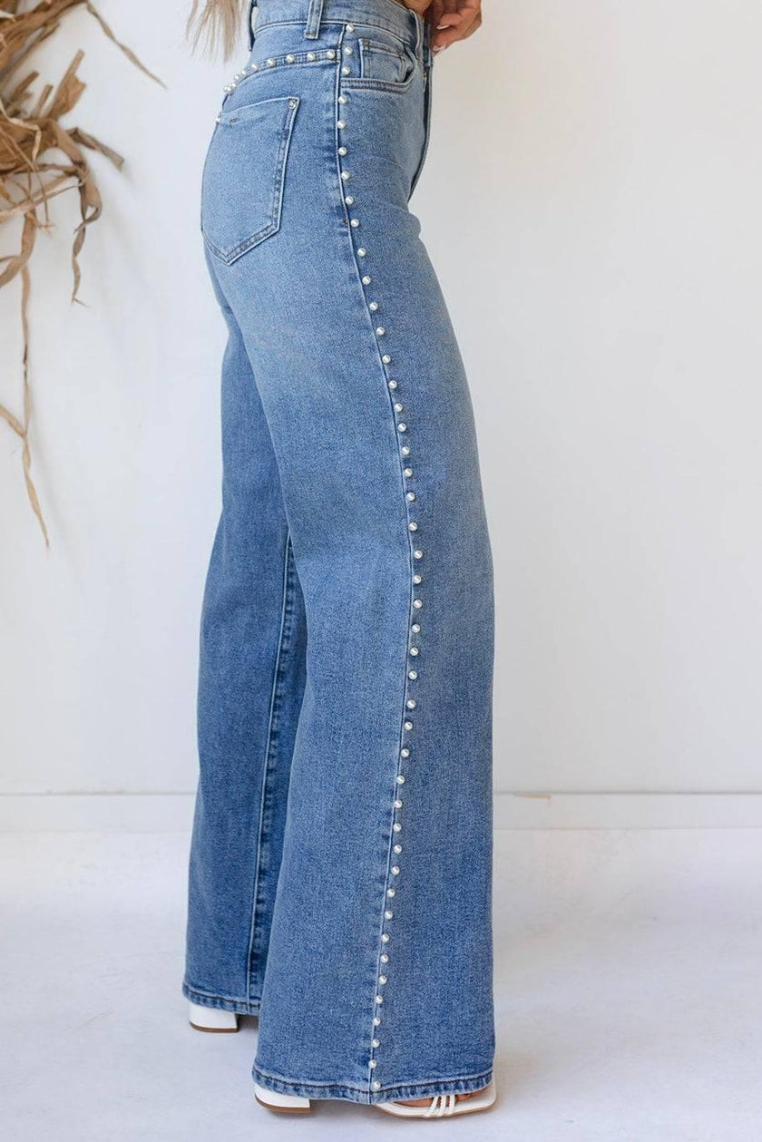 Chez Josephine Pearl Stud High Rise Wide leg Medium Wash Jeans