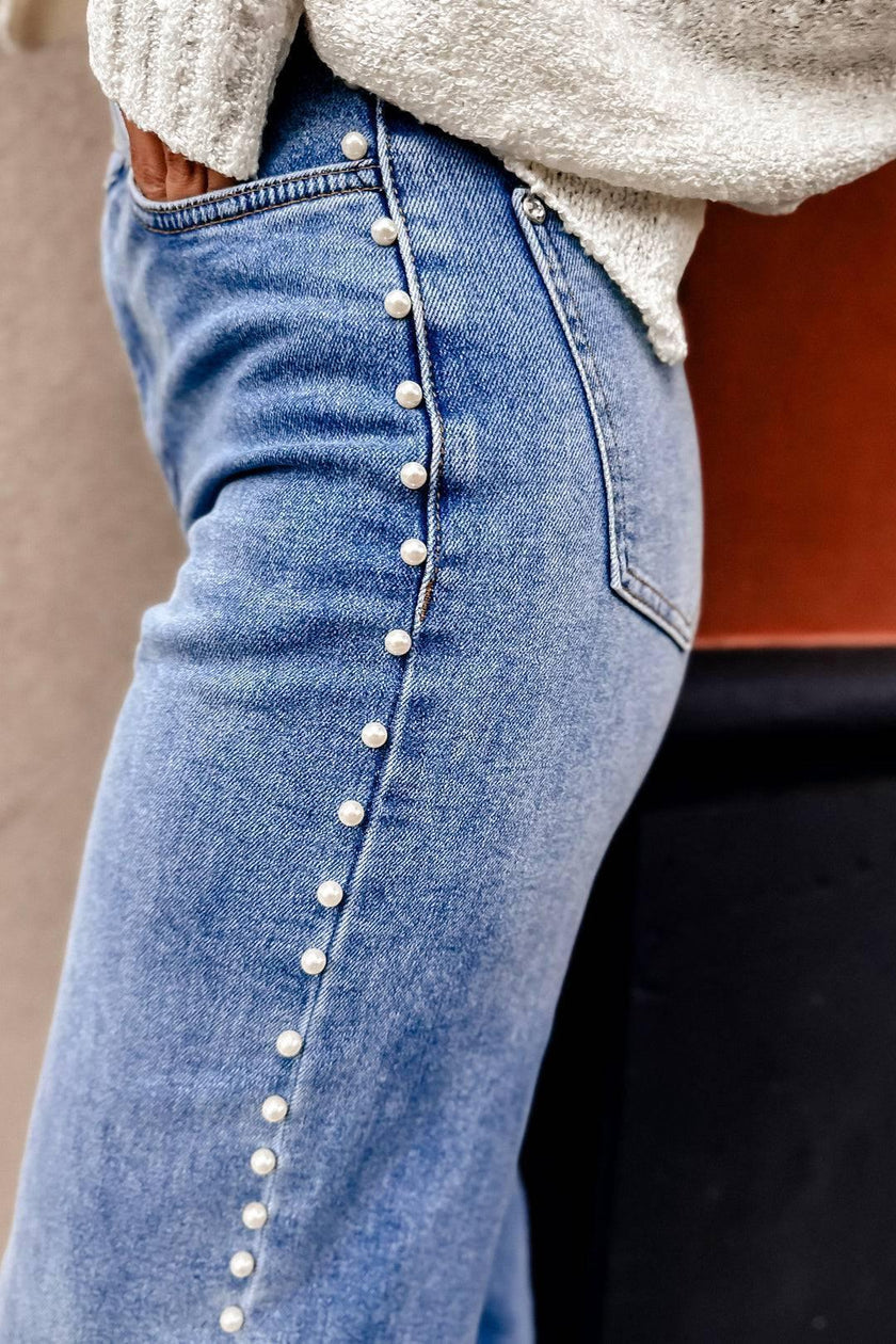 Chez Josephine Pearl Stud High Rise Wide leg Medium Wash Jeans