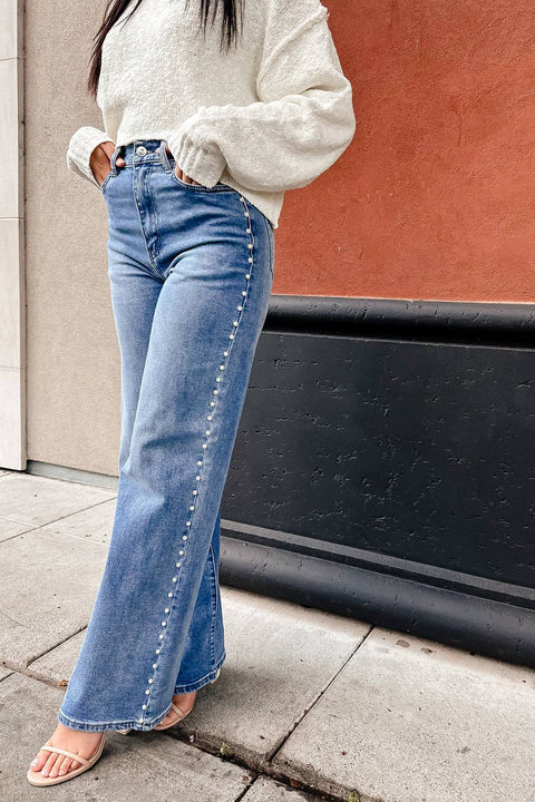 Chez Josephine Pearl Stud High Rise Wide leg Medium Wash Jeans - Cape Cod Fashionista