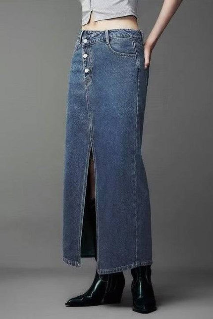 Asymmetric Allure: Cotton Denim Button Fly and Front Slit Maxi Skirt