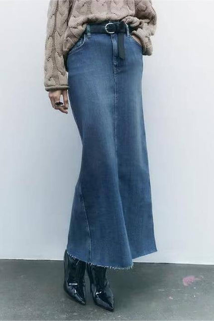 Edgy Elegance: Women's Distressed Denim Maxi Pencil Skirt