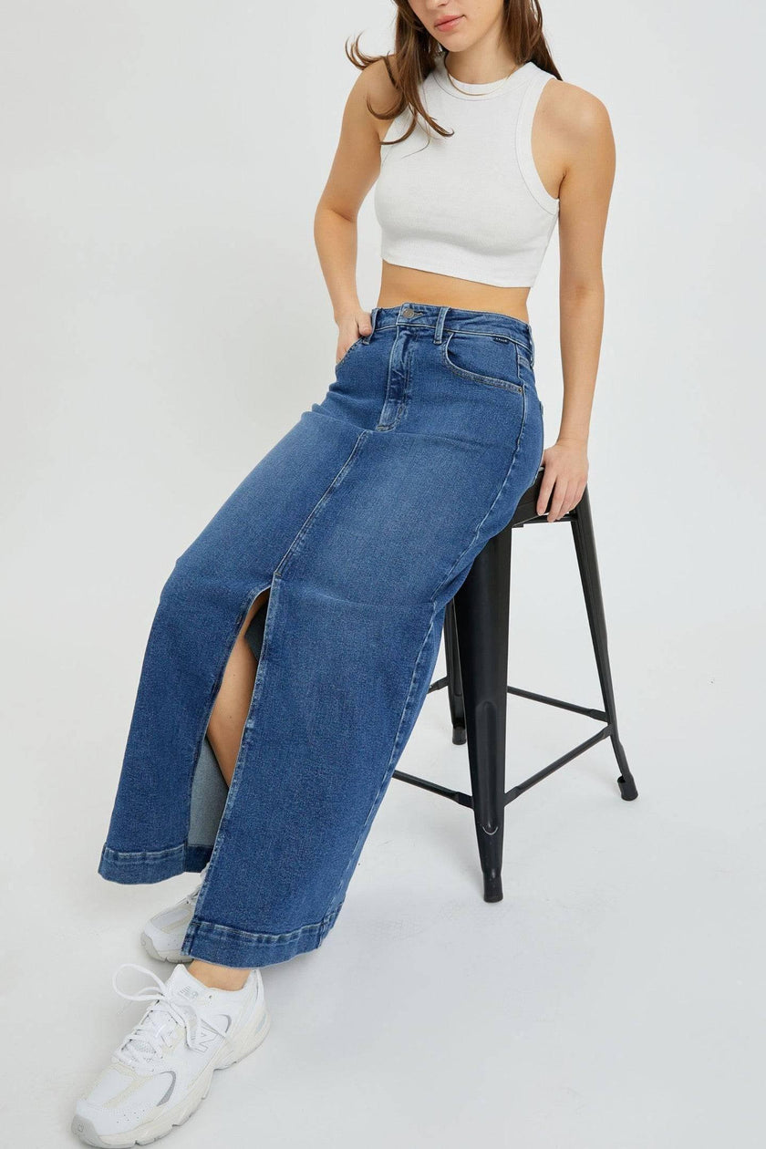 Timeless Elegance: Imported Women's Midrise Dark Denim Front Slit Maxi Skirt