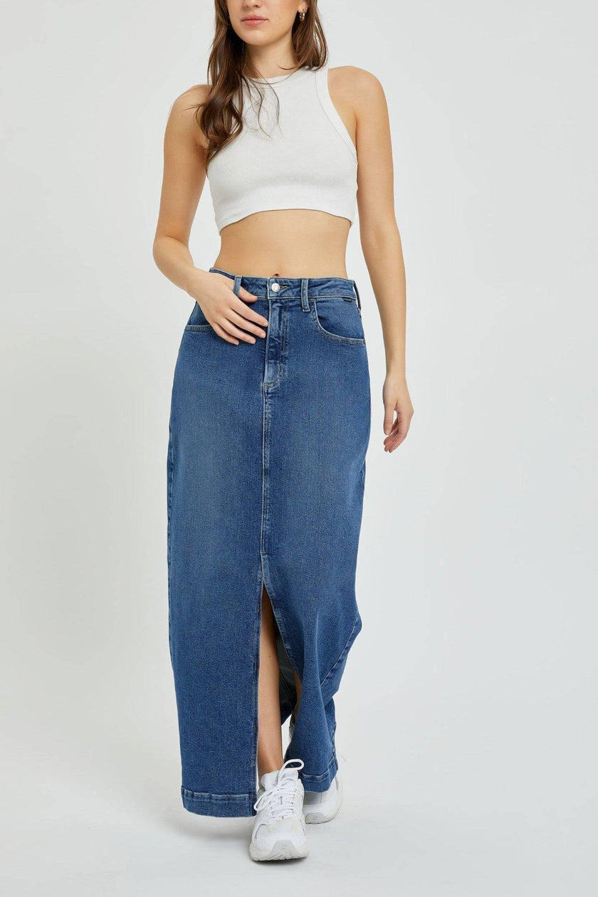 Timeless Elegance: Imported Women's Midrise Dark Denim Front Slit Maxi Skirt