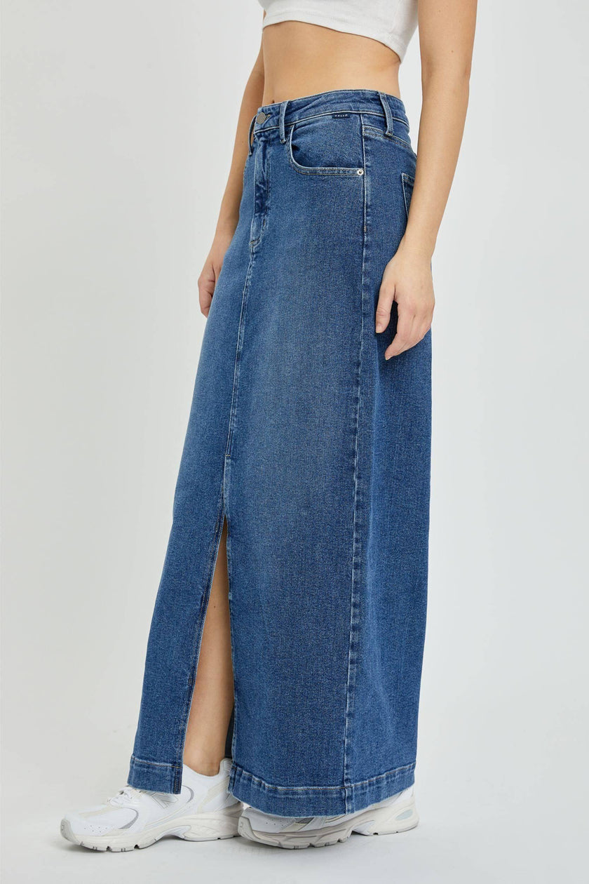 Timeless Elegance: Imported Women's Midrise Dark Denim Front Slit Maxi Skirt