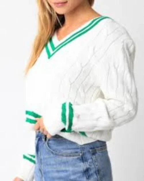 VICTORIA V-Neck 100% Cotton Cable Knit Leisure Ribbed Sweater