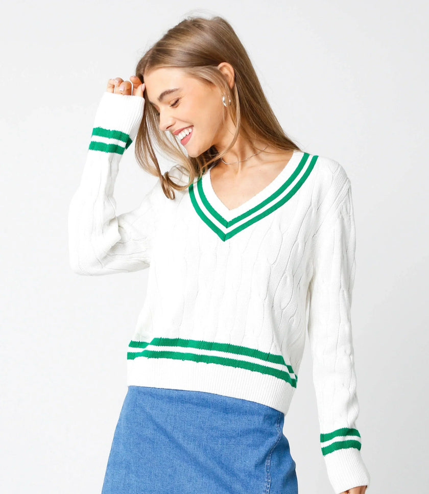 VICTORIA V-Neck 100% Cotton Cable Knit Leisure Ribbed Sweater