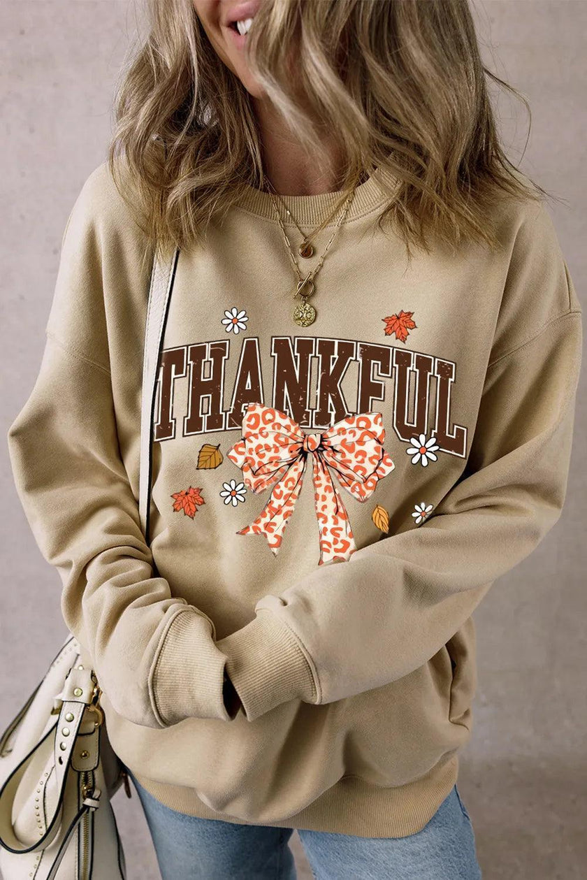 THANKFUL Bow Round Neck Long Sleeve Sweatshirt - Cape Cod Fashionista