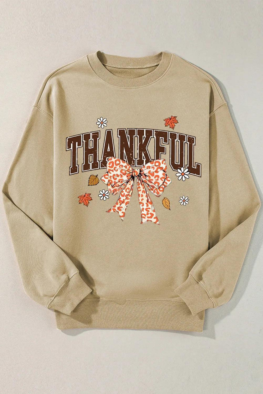 THANKFUL Bow Round Neck Long Sleeve Sweatshirt - Cape Cod Fashionista