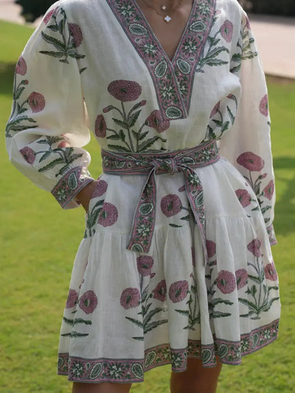 Mykonos Indigo Flower Dress—100% European linen with pockets