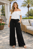 women natural full length black   linen wide leg pants vacation resort wear lifestyle beach view