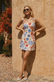 women’s beach vacation dress with lobster coral shell and starfish print