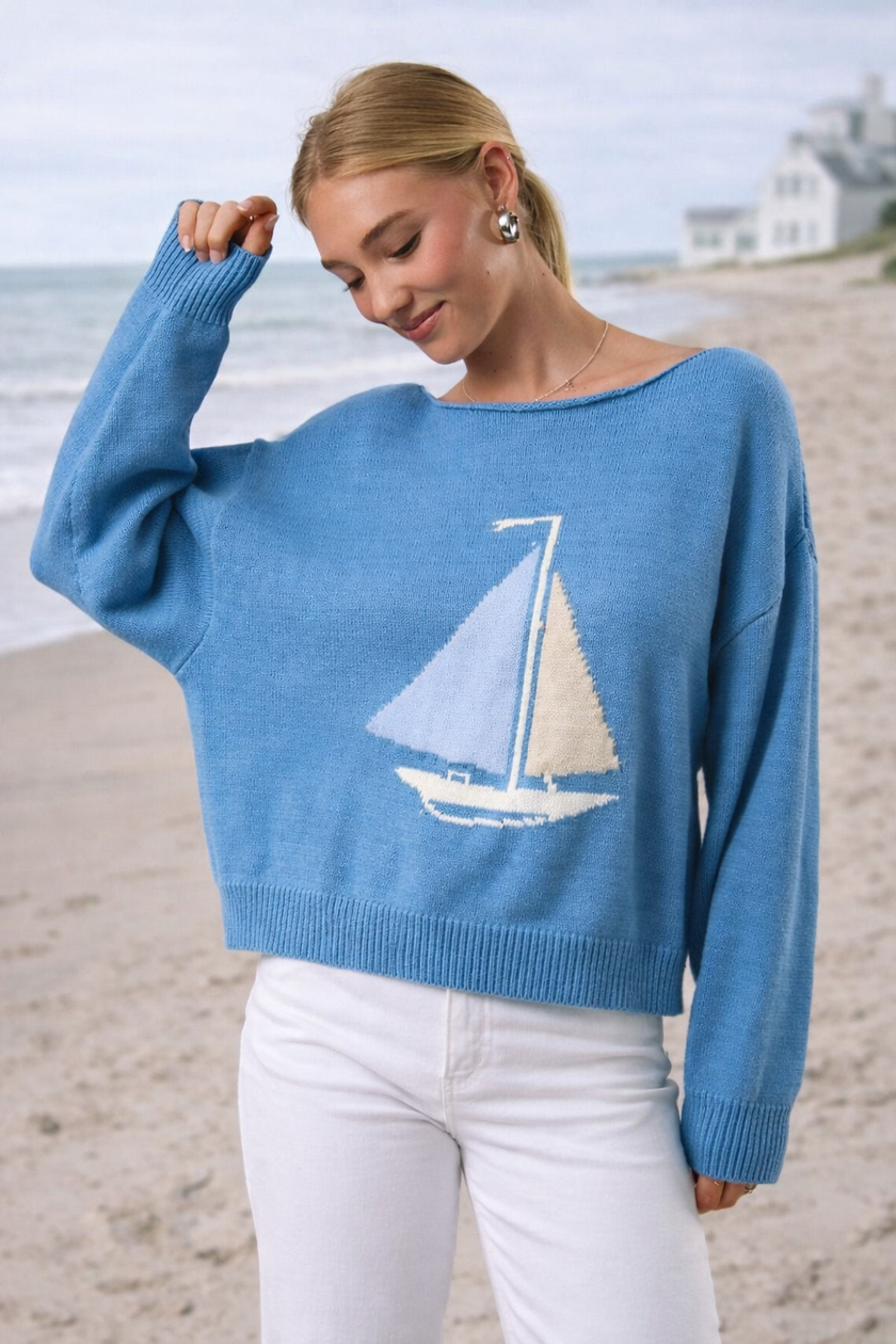 Coastal Sailboat Sweater – Women’s Nautical Knit Pullover
