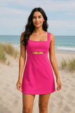 Women’s hot pink peek-a-boo mini dress with square neckline for cocktail parties and summer events