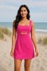Women’s hot pink peek-a-boo mini dress with square neckline for cocktail parties and summer events