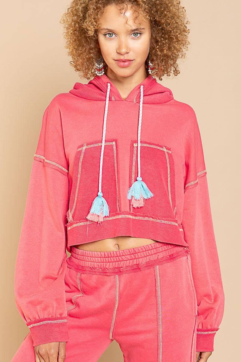 women flamingo coral tassel hoodie matching jogger set weekend outfit