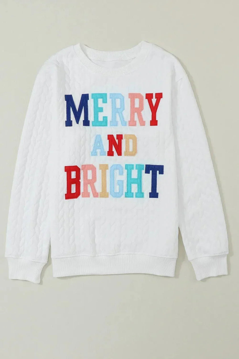 Full Size MERRY AND BRIGHT Cable Knit Pullover Sweatshirt - Cape Cod Fashionista