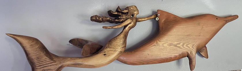 DOLPHIN & MERMAID SWIM: Hand Carved 3D Large Mosaic Sculpture gift
