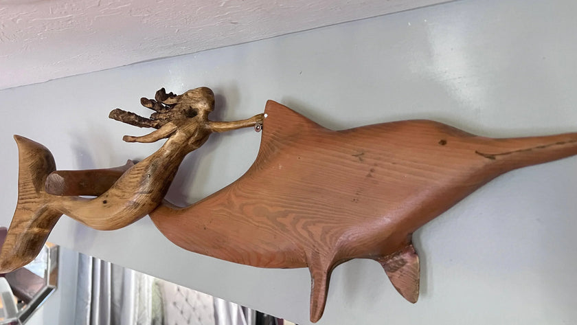 DOLPHIN & MERMAID SWIM: Hand Carved 3D Large Mosaic Sculpture gift